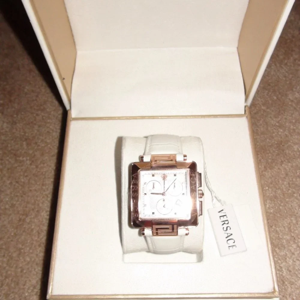 Versace Reve Carre Chronograph White Leather Strap Diamond Ladies Watch